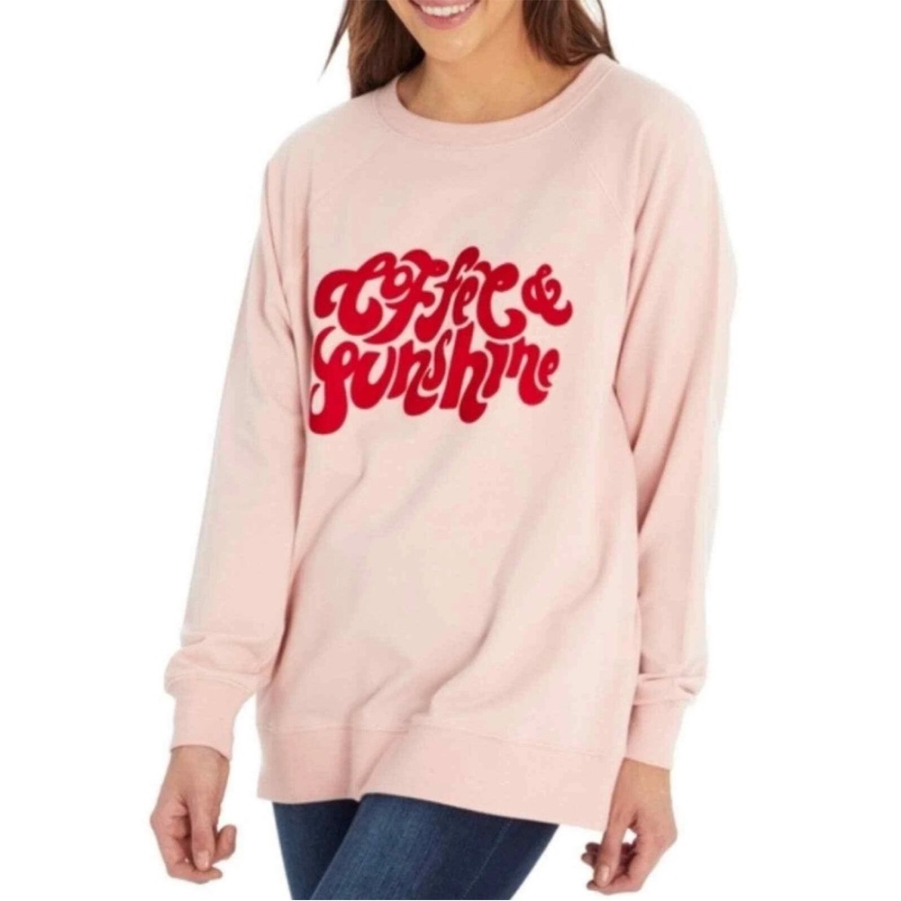 Wildfox Coffee & Sunshine Graphic Pullover Sweatshirt Raglan Sleeve Pink M